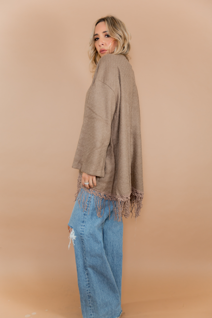 Fringe Poncho Sweater - Beige