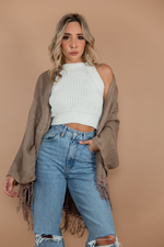Fringe Poncho Sweater - Beige