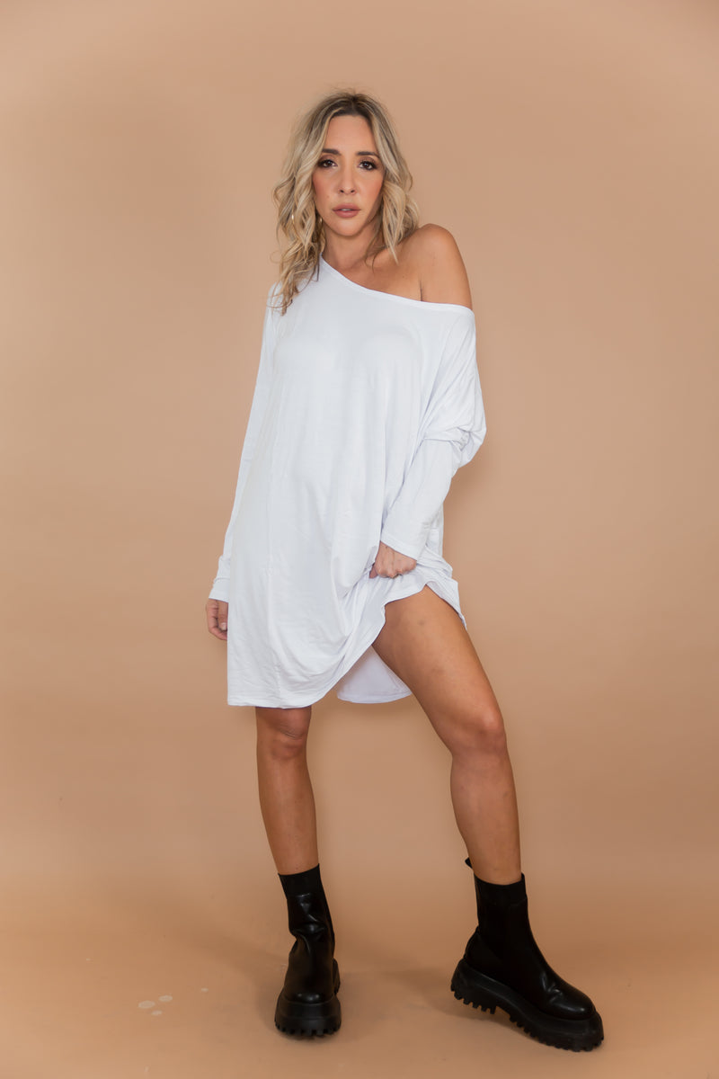 Emma Basic Long Sleeve Shift Dress - White