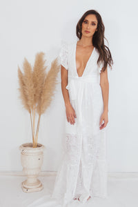 Jahna Deep-V Eyelet Long Dress - White
