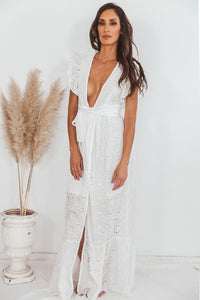 Jahna Deep-V Eyelet Long Dress - White