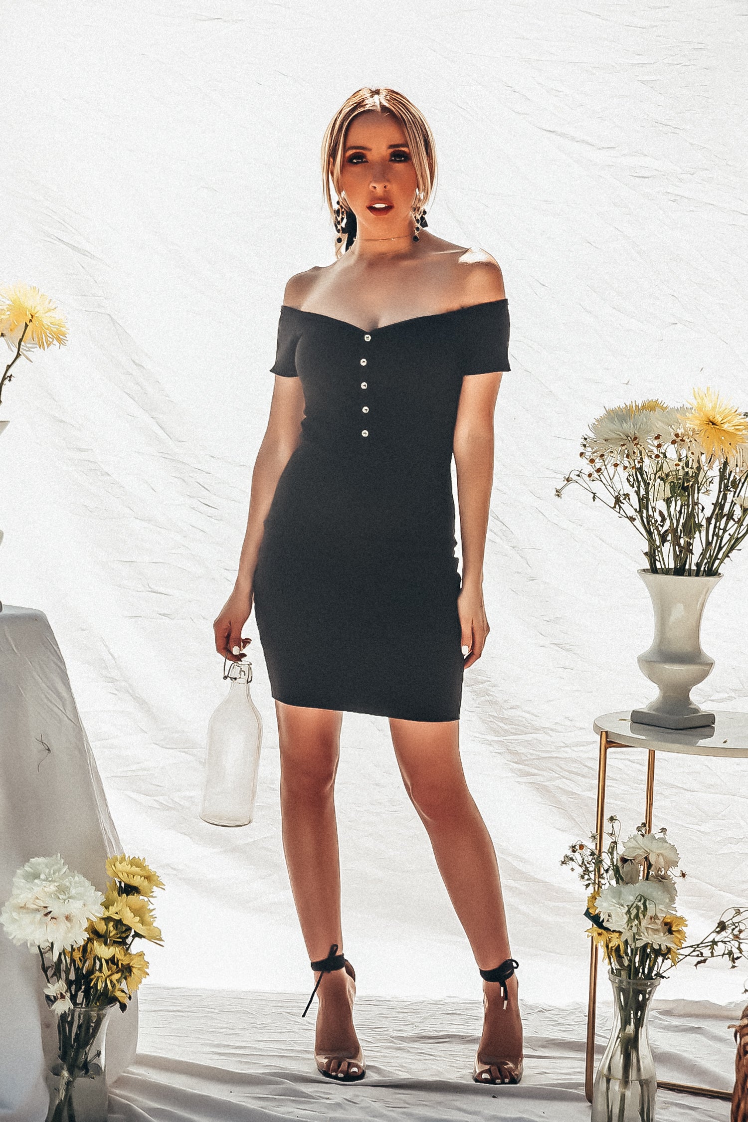 Off-Shoulder Ribbed Mini Dress with Buttons - Black M / Black / 04470 Off-Shoulder Ribbed Mini Dress with Buttons - Black M / Black / 04470