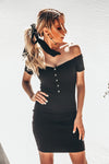 Off-Shoulder Ribbed Mini Dress with Buttons -  Black