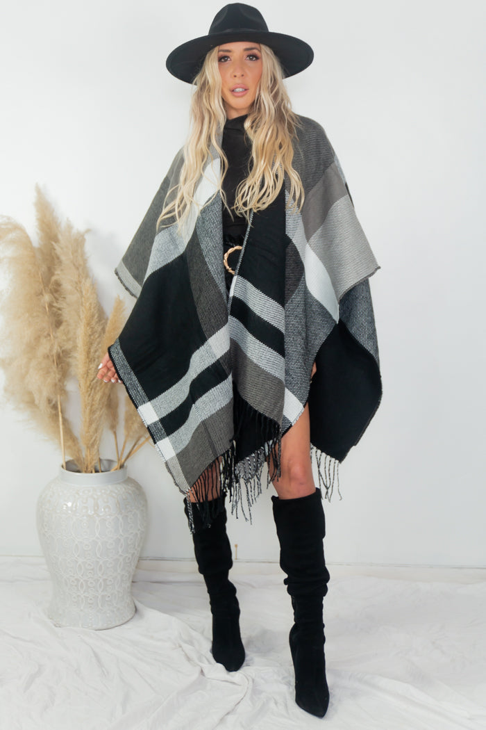 Plaid Poncho - Black