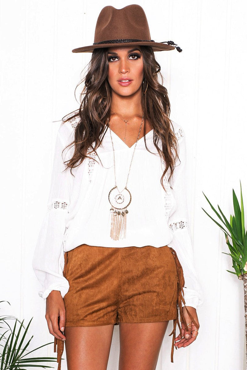 Elida Suede Fringe Shorts - Camel - Haute & Rebellious