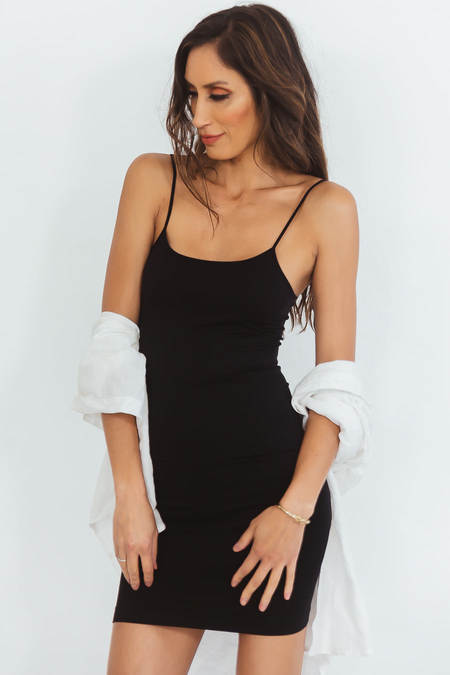 black camisole dress long v neck slit design adjustable styled from our Grace camisole top Women's Black Pleated Camisole Dress