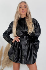 Faux Leather Belt Overshirt - Black