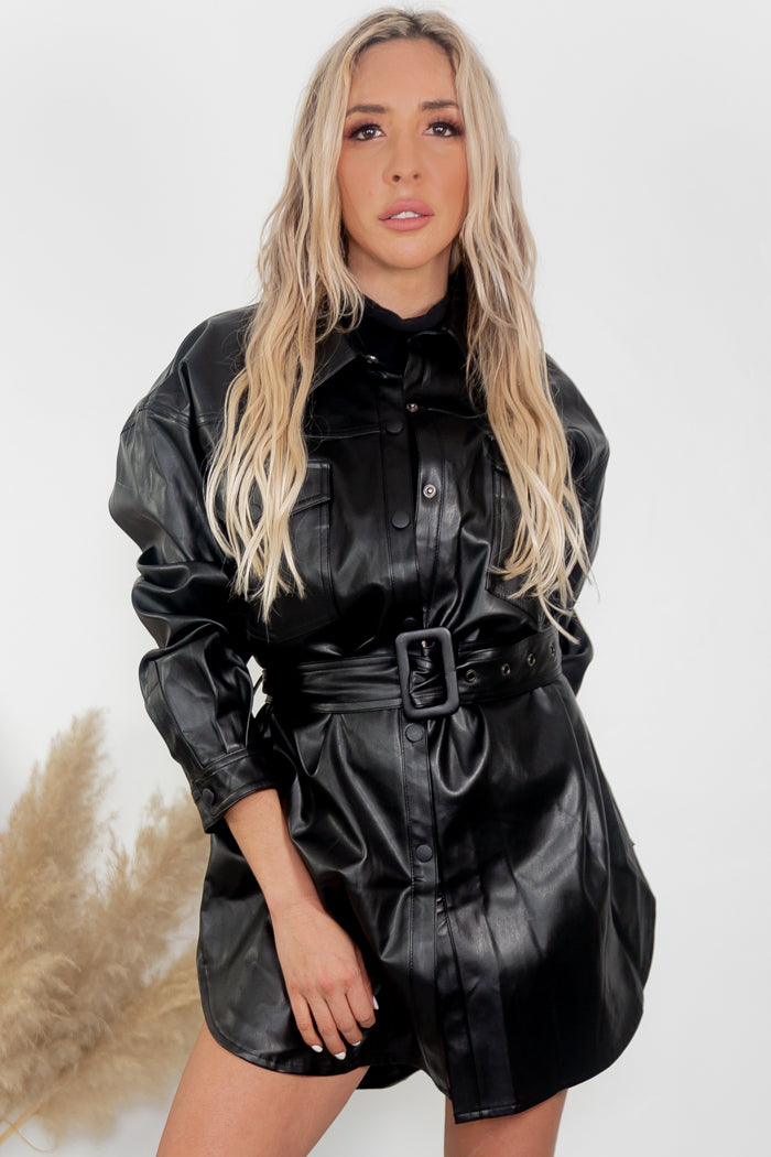 Faux Leather Belt Overshirt - Black