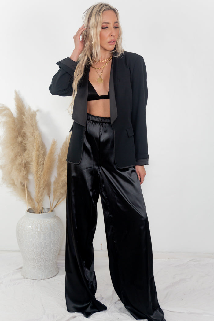 Leo Black Satin High-Waisted Wide-Leg Trouser Pants