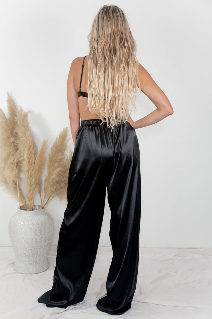 Sleek Out Satin Wide-Leg Pants - Black