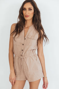 Button-Up Linen Romper with Tie Waist - Khaki