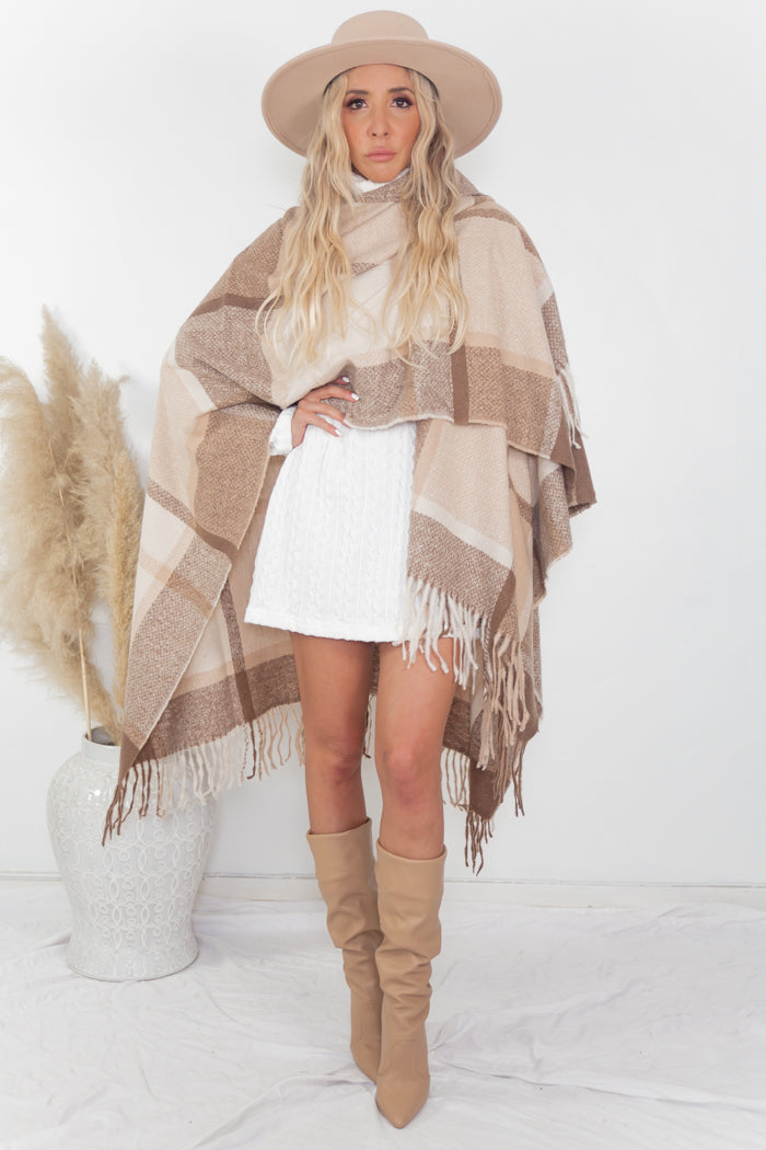 Plaid Poncho - Beige
