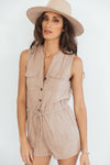 Button-Up Linen Romper with Tie Waist - Khaki