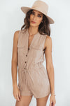 Button-Up Linen Romper with Tie Waist - Khaki