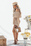 Off-Shoulder Polka Dot Tiered Romper- Taupe