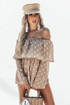 Off-Shoulder Polka Dot Tiered Romper- Taupe