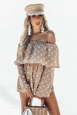 Off-Shoulder Polka Dot Tiered Romper- Taupe