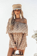 Off-Shoulder Polka Dot Tiered Romper- Taupe