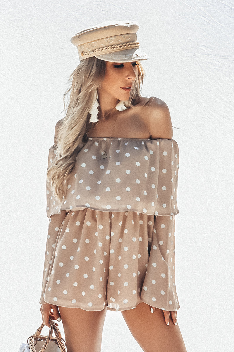 Off-Shoulder Polka Dot Tiered Romper- Taupe