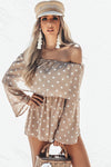 Off-Shoulder Polka Dot Tiered Romper- Taupe