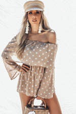 Off-Shoulder Polka Dot Tiered Romper- Taupe