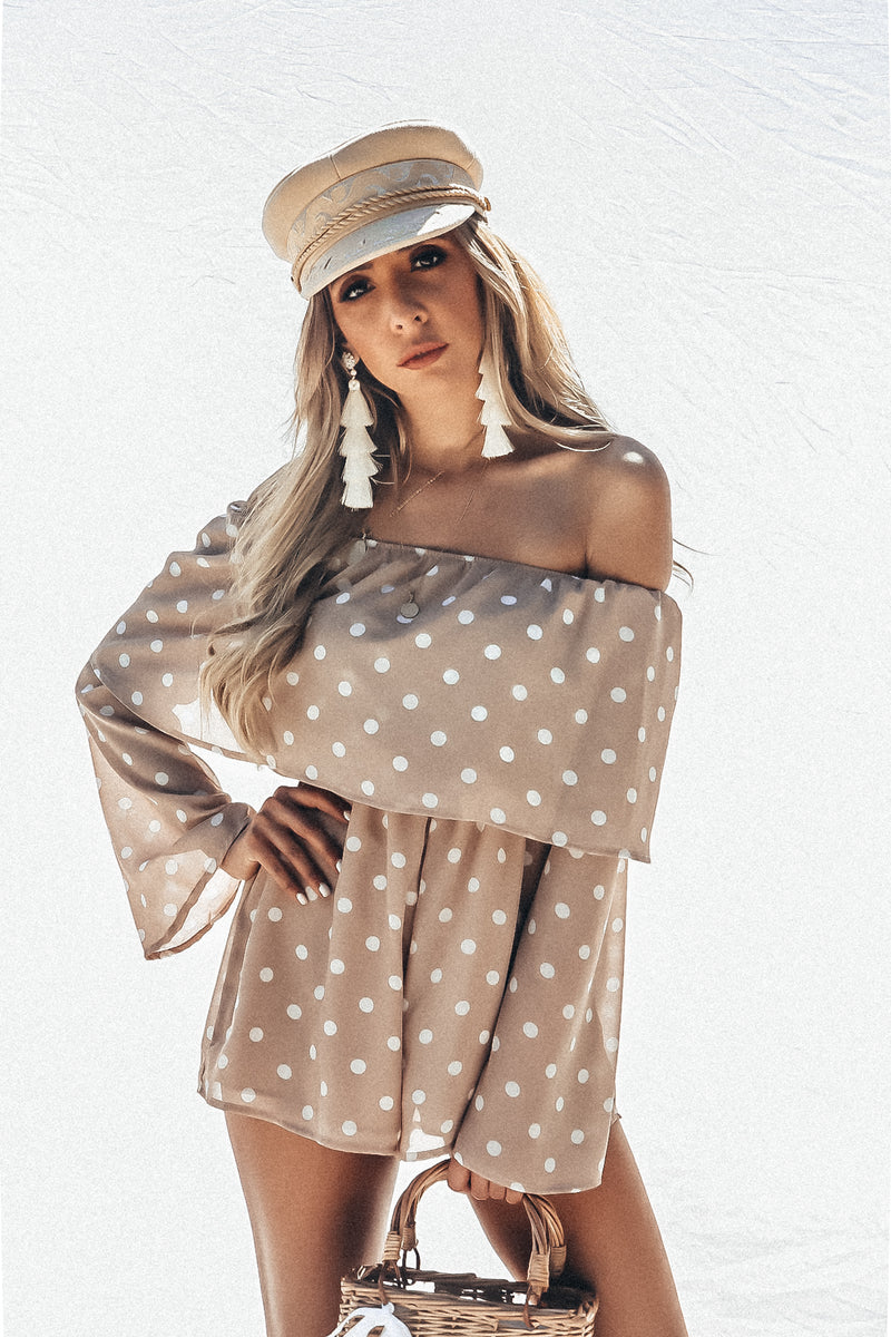 Off-Shoulder Polka Dot Tiered Romper- Taupe