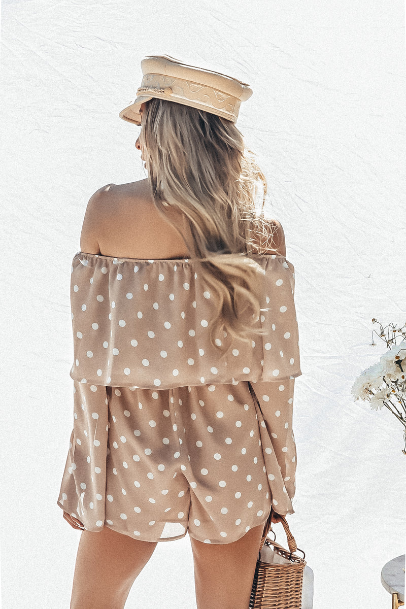 Off-Shoulder Polka Dot Tiered Romper- Taupe