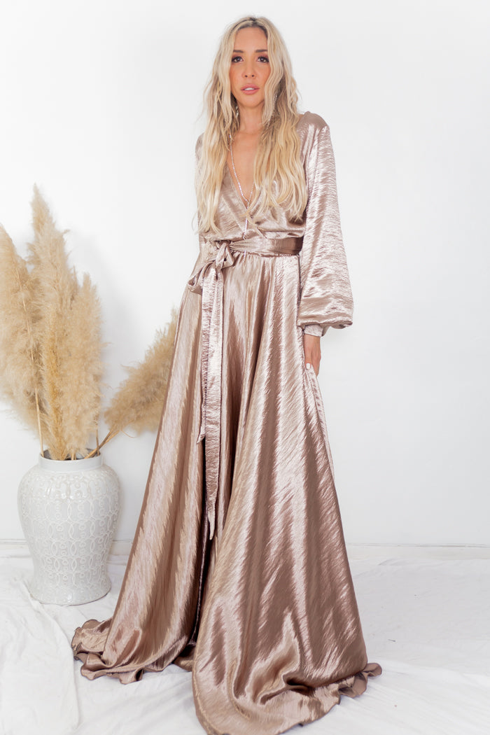 Ultra-Shine Deep-V Satin Maxi Dress - Champagne Haute & Rebellious Ultra-Shine Deep-V Satin Maxi Dress - Champagne Haute & Rebellious