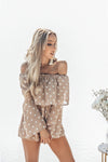 Off-Shoulder Polka Dot Tiered Romper- Taupe
