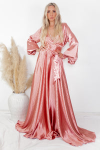 Ultra-Shine Deep-V Satin Maxi Dress - Blush