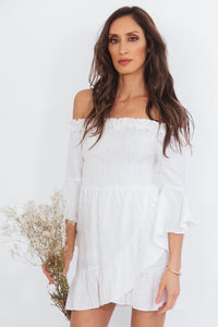 Off-Shoulder Linen Dress with Tie