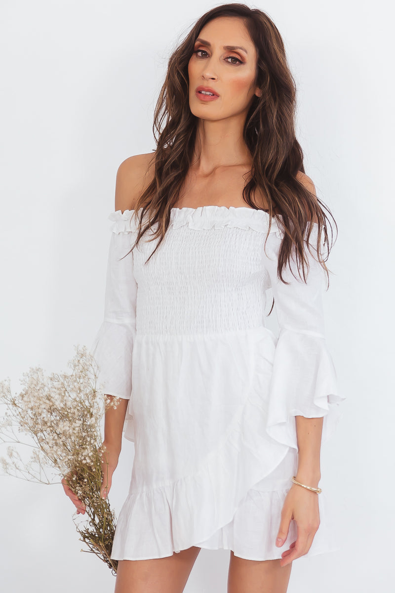 Off-Shoulder Linen Dress with Tie