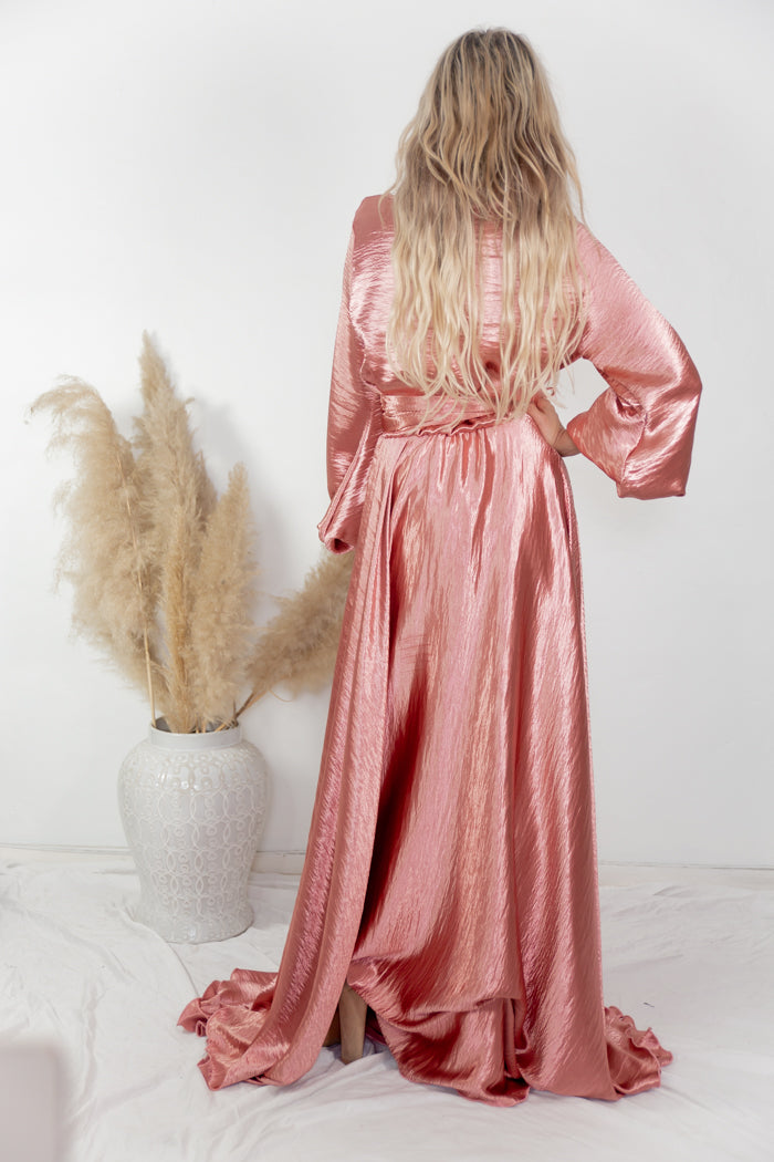 Ultra-Shine Deep-V Satin Maxi Dress - Blush