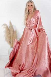 Ultra-Shine Deep-V Satin Maxi Dress - Blush