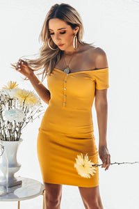 Off-Shoulder Ribbed Mini Dress with Buttons - Mustard