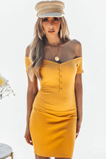 Off-Shoulder Ribbed Mini Dress with Buttons - Mustard