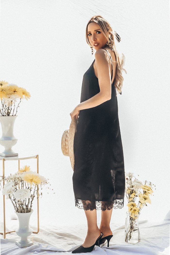 Satin Slip Midi Dress with Lace Trim - Black Haute & Rebellious Satin Slip Midi Dress with Lace Trim - Black Haute & Rebellious