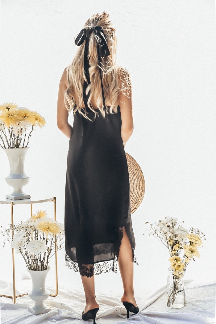Satin Slip Midi Dress with Lace Trim - Black – Haute & Rebellious