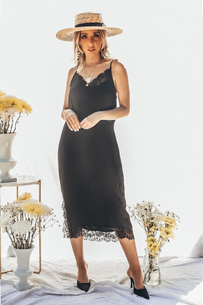 Satin Slip Midi Dress with Lace Trim - Black – Haute