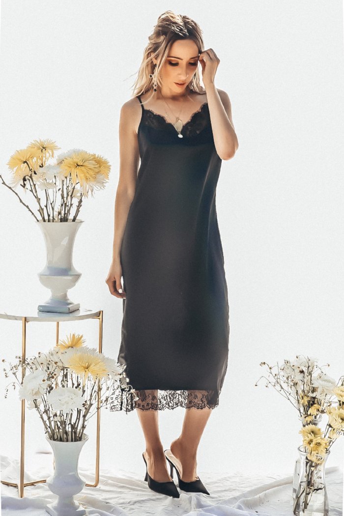Satin Slip Midi Dress with Lace Trim - Black