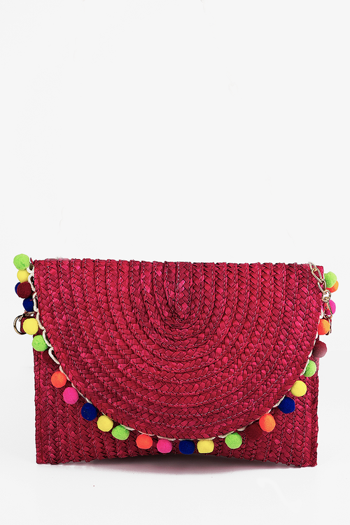 Pom-Pom Straw Envelope Clutch - Red - Haute & Rebellious