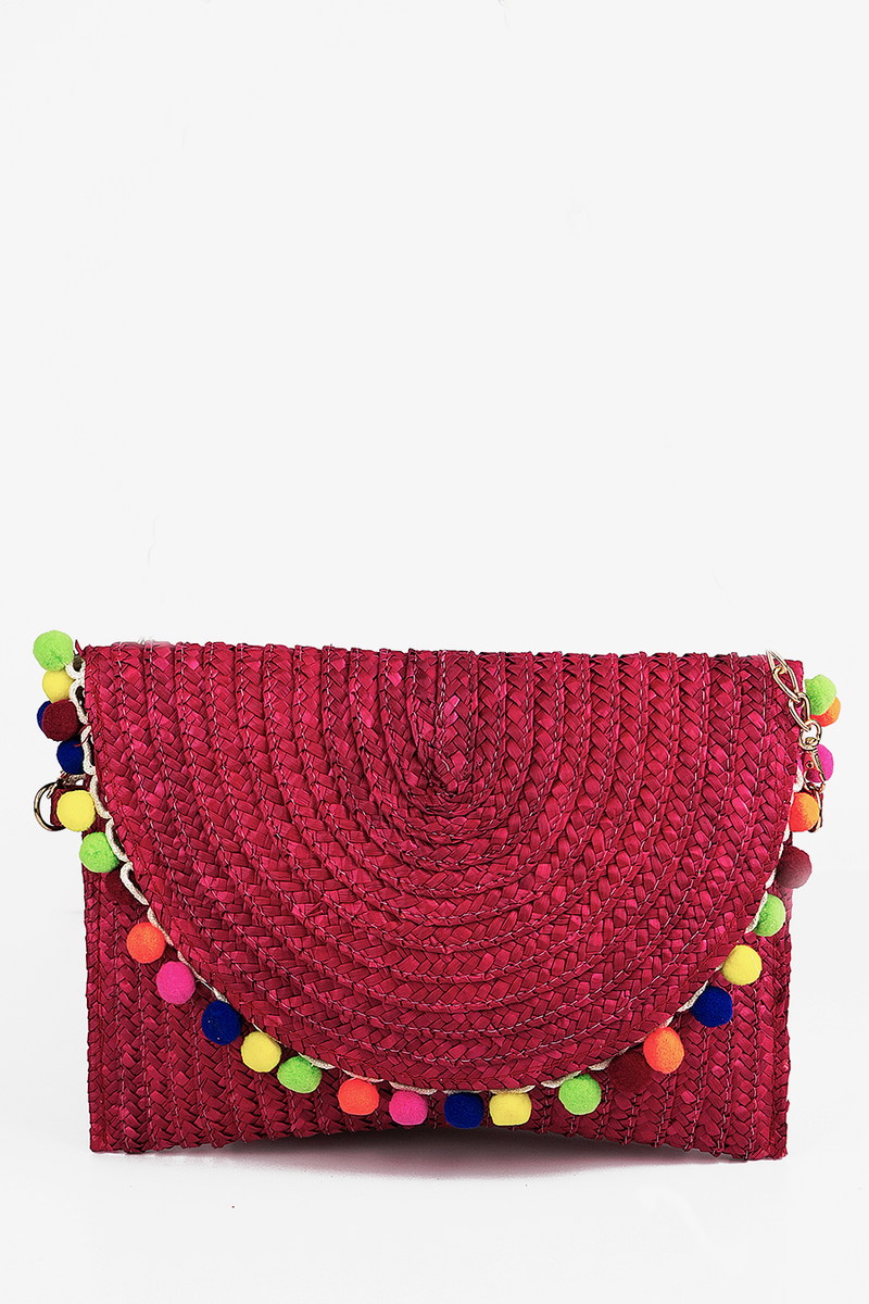 Pom-Pom Straw Envelope Clutch - Red - Haute & Rebellious