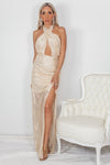 Cross Top Sequin Long Dress High Slit - Gold