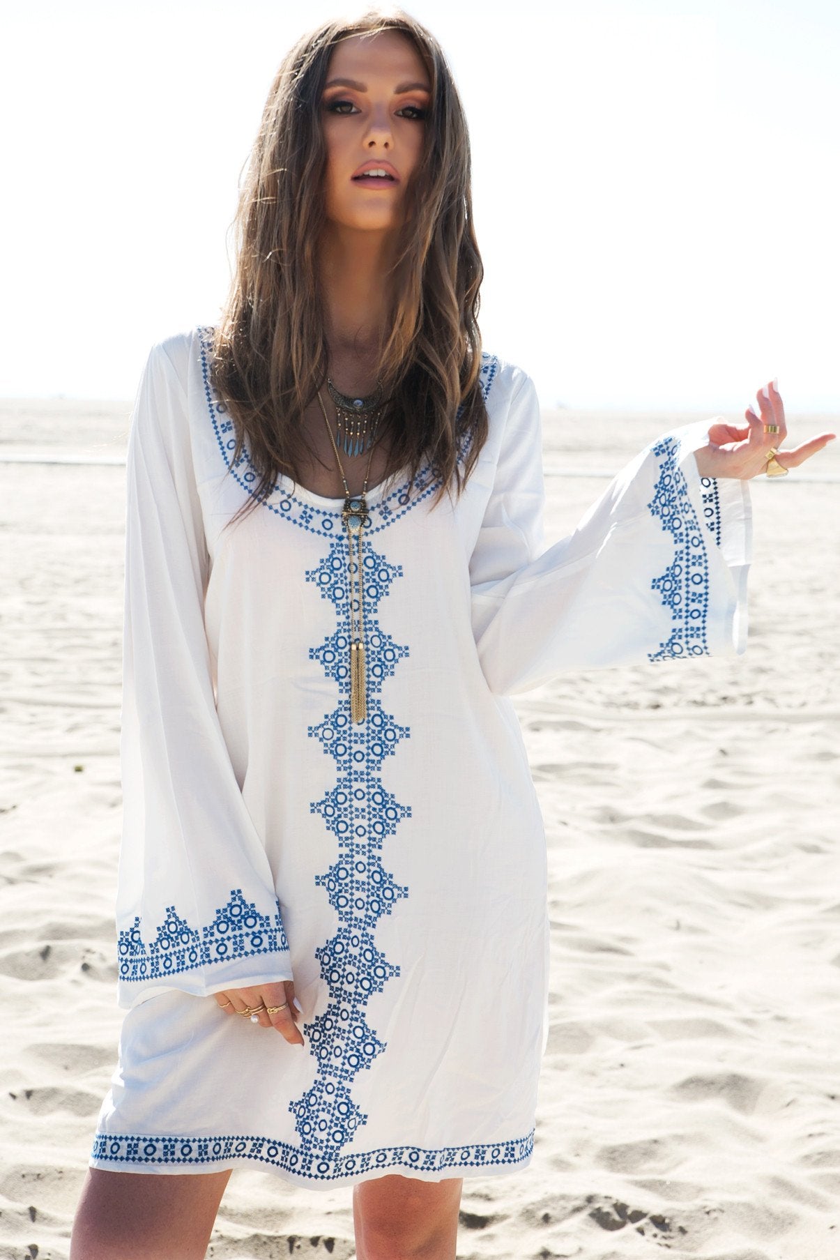 Embroidered Tunic Dress - S / WHITE/BLUE / 02974 Embroidered Tunic Dress - S / WHITE/BLUE / 02974