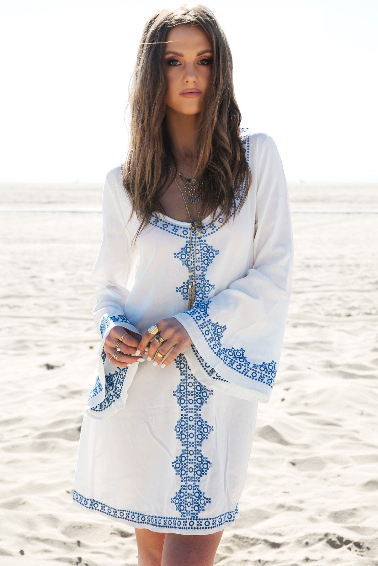Embroidered Tunic Dress - S / WHITE/BLUE / 02974 Embroidered Tunic Dress - S / WHITE/BLUE / 02974