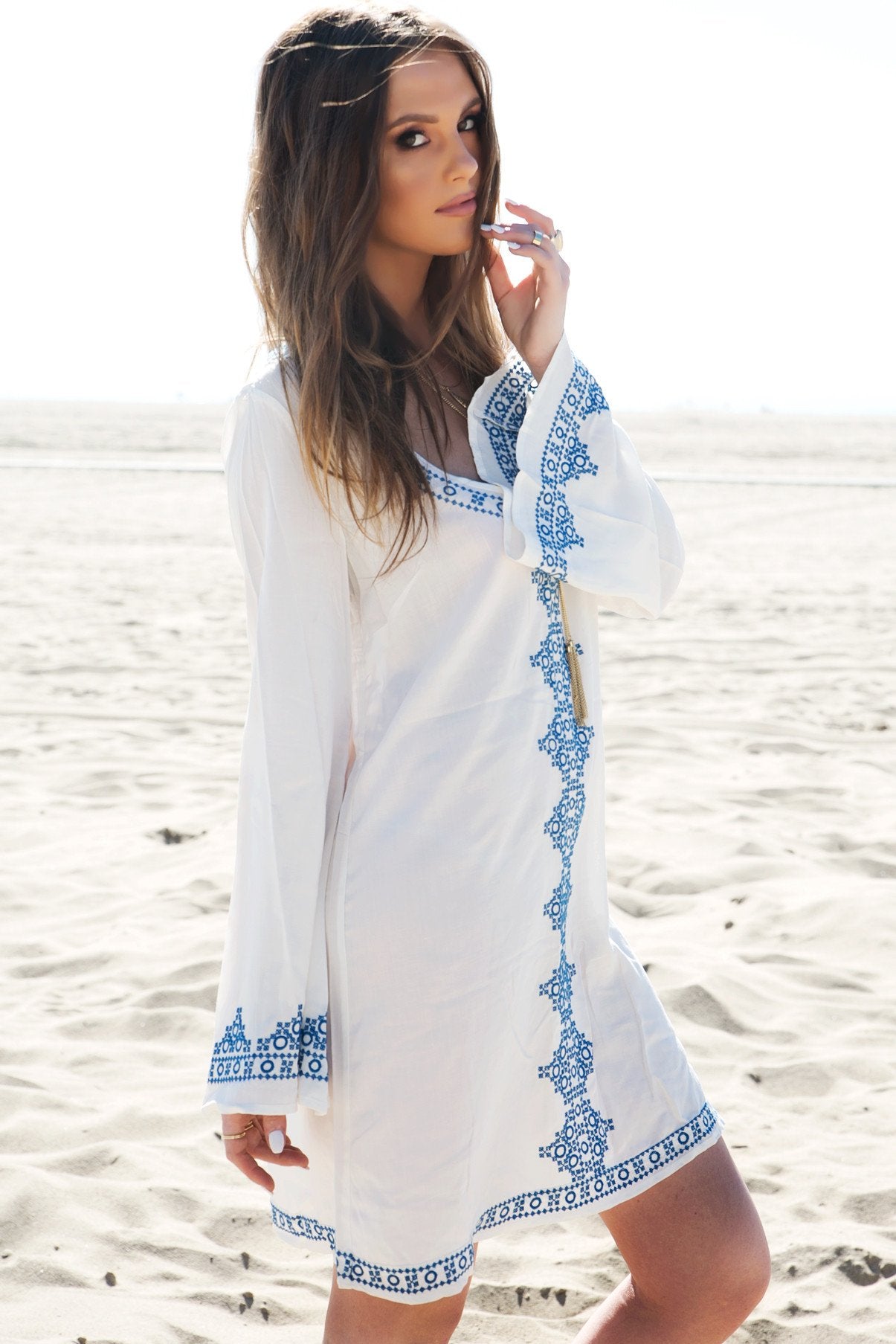 Embroidered Tunic Dress - S / WHITE/BLUE / 02974 Embroidered Tunic Dress - S / WHITE/BLUE / 02974