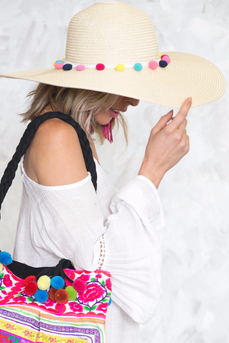 Pom-Pom Floppy Brim Straw Hat - Cream - Haute & Rebellious