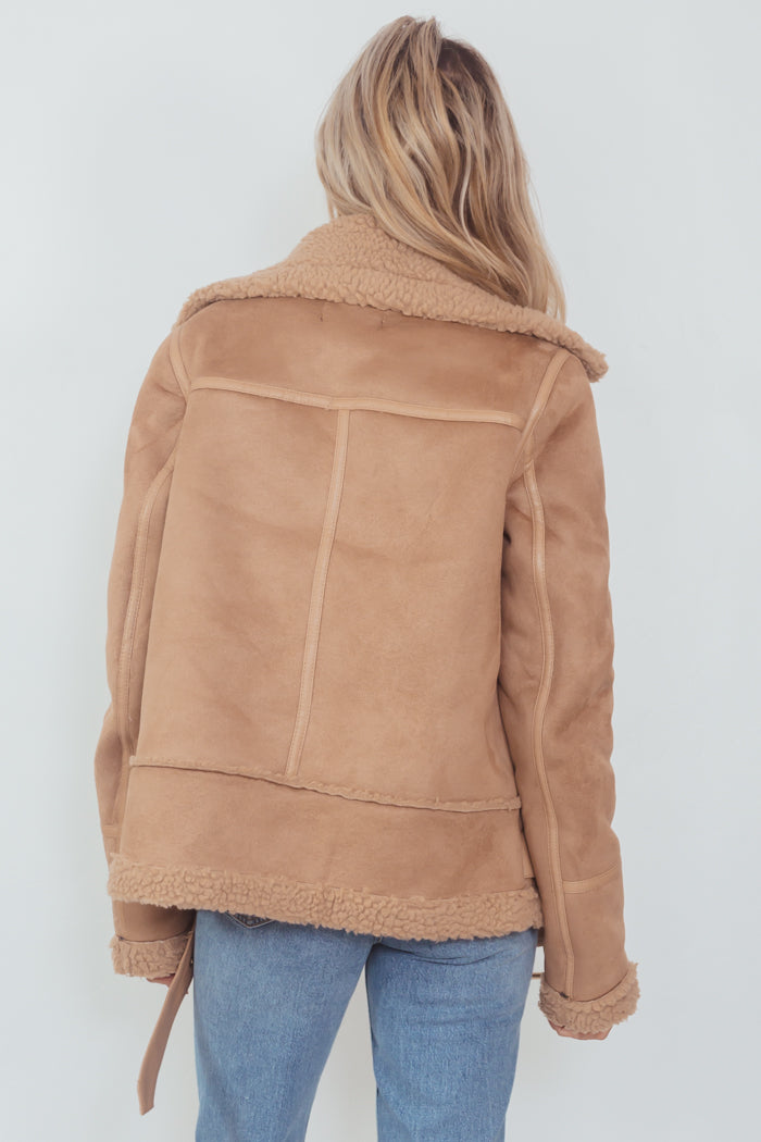 Suede Terry  Fur Coat - Camel