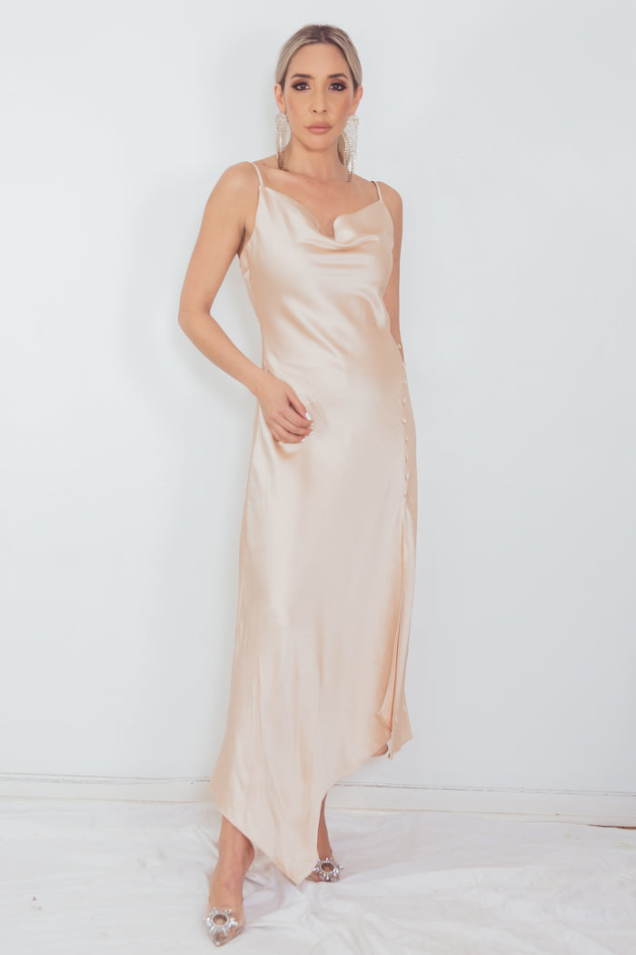 silky champagne dress High Slit Satin Long Size:Size 24 UK Small 60s Miss Elliette Show off your legs BF25_girls
