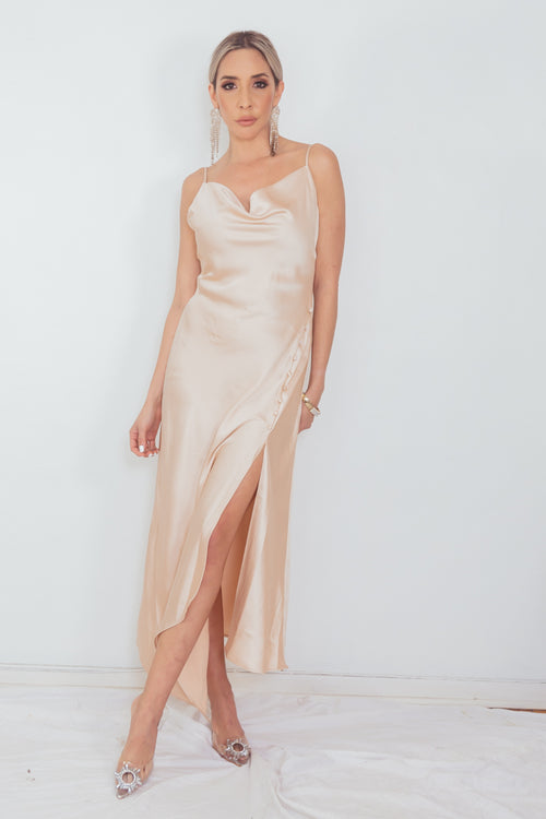 High Slit Satin Long Dress - Champagne